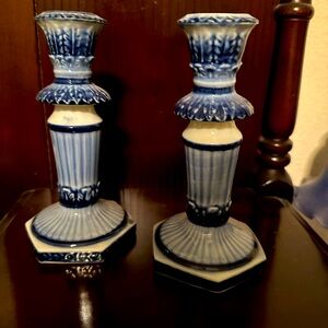 Andrea by Sadek candle holders.  A pair of hexagon porcelain blue and white.